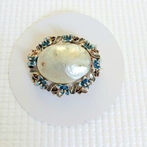 Vintage Enamel, Faux Pearl Brooch, signed, Art, Large, statement, mint